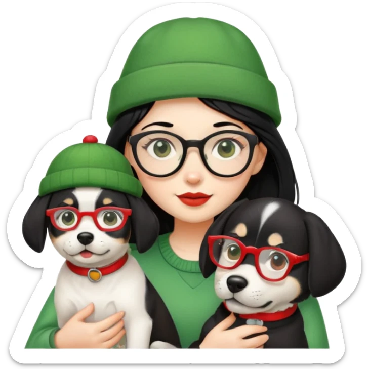 A girl with a dog in a green hat with red glasses and black hair sticker