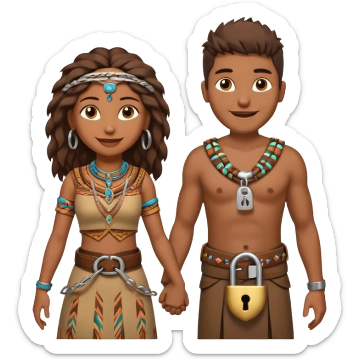 A happy tribal man holding hands with a happy tribal woman wearing a belt with a padlock sticker