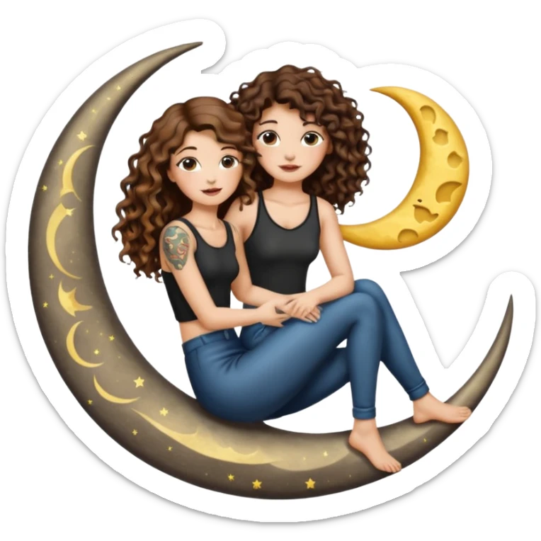 moon bench — long wavy brown hair tattooed woman and short tight curly brown hair woman — sitting on crescent moon sticker