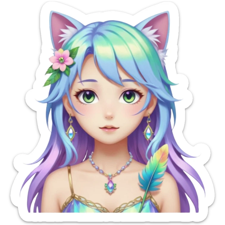 Beautiful gorgeous anime catgirl with beautiful iridescent-special-hair, fashion aesthetic, ethereal, fairycore, pastelcore, feather, flower, gems, accessories, jewelries, gold, colorful sticker