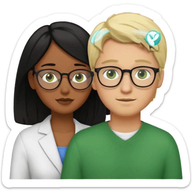 haz una pareja abrazandose, donde la mujer es de piel morena peli negra ojos cafes sin accesorios, y donde el hombre es piel blanca, pelo rubio, ojos verdes con lentes sticker