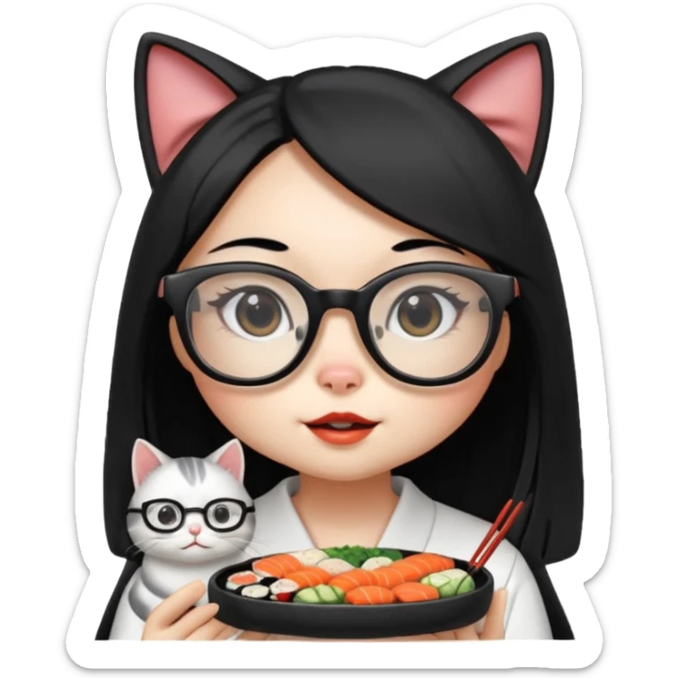 cute girl cat with long straight hair and really big square glasses with super thin frames eating sushi sticker