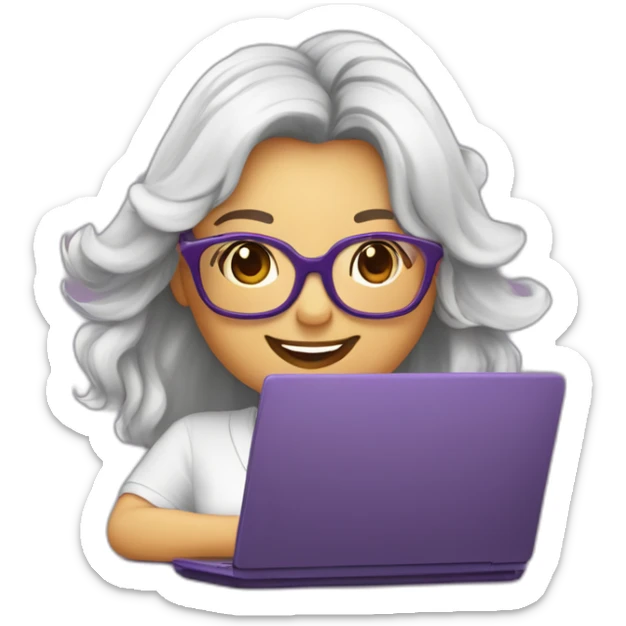 mujer-piel muy blanca-con gafas-sonriendo-camisa morada-pelo corto hasta el hombro-cabello cafe,con un computador,muy detallada sticker