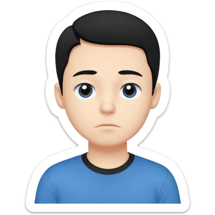 Cute cartoon-style boy portrait, black hair, blue t-shirt, big black eyes, closed mouth,clean bold lines, flat colors, minimal shading sticker