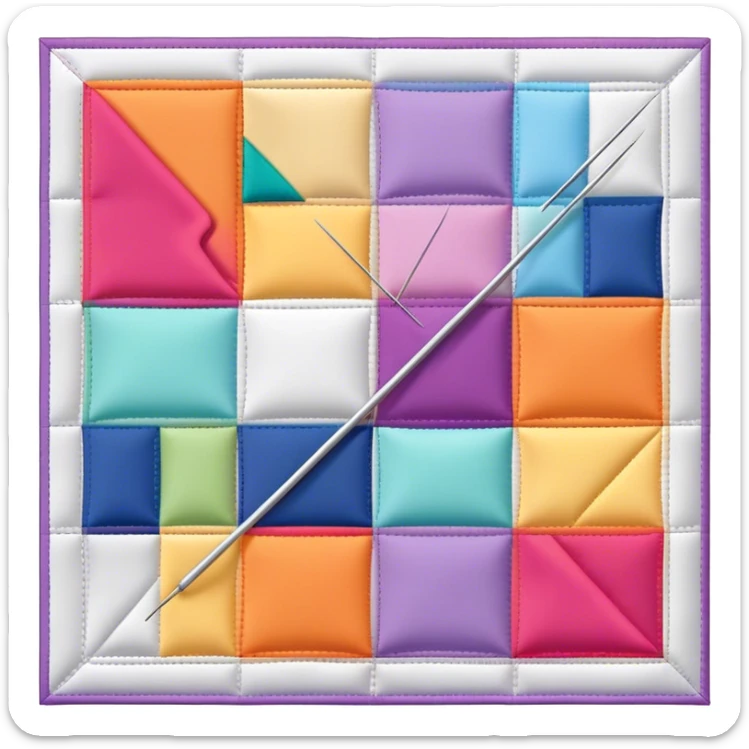 Patchwork and quilting icon, colorful fabric patches sewn together in a quilt pattern, sewing needle and thread, quilting tools like rotary cutter or quilting hoop, minimalistic style, clean lines, transparent background. sticker