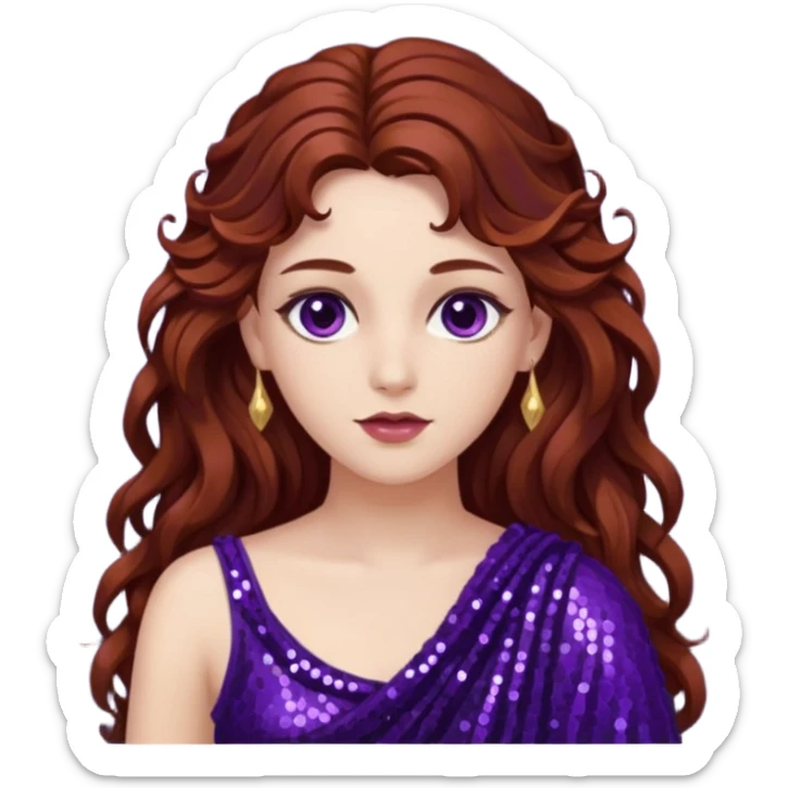 Persephone from Greek Gods with long dark auburn wavy hair, dark purple sequin toga sticker