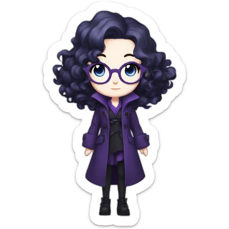 full length anime goth girl in a purple coat, glasses with big blue eyes and white skin and curly black long hair and aristocratic high cheekbones sticker