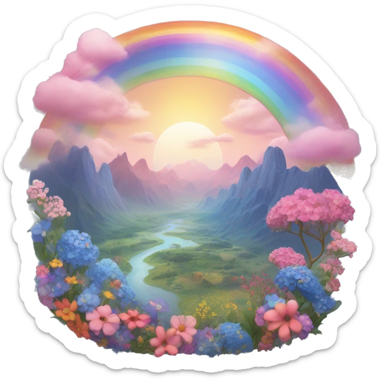 a fairytale landscape with a rainbow multicolor with shades of pink made of blue flowers and the sun on the side sticker