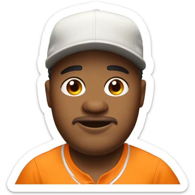 Fat man with no shoes or socks, a baseball cap, and orange shirt on. He is also a game streamer. sticker