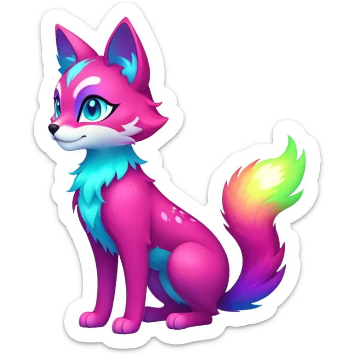 Vibrant multicolored neon-colored Falvie-Fionbri-creature-sparkle-feline-canine-hybrid-fursona, full body sticker