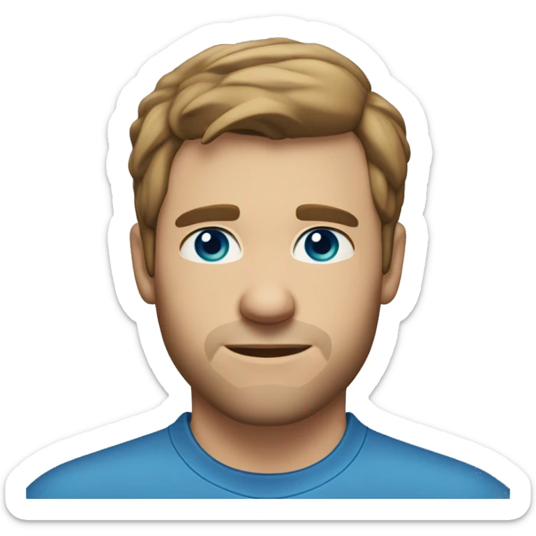 A head and shoulders shot of a 34 year old Caucasian man, with short brown hair,   with blue eyes wearing a t-shirt. sticker