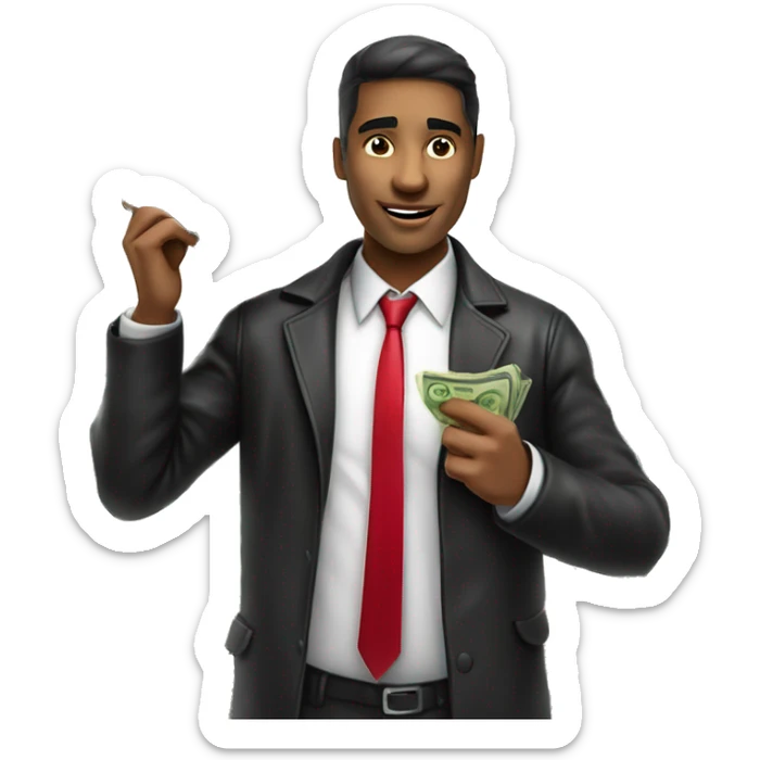 a stock market trader, swarthy mixed skin, with red tie, white shirt, black leather jacket and white cap holding bank notes in his hand sticker