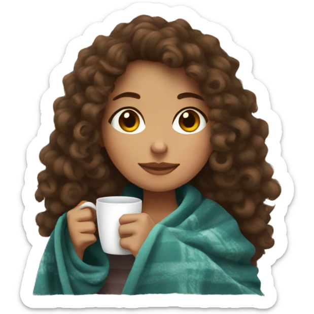Brown hair Girl with curly hair drinking coffee, with a cozy blanket sticker