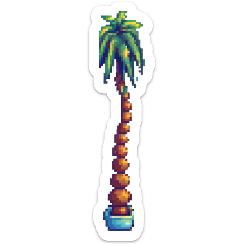 pixel art emoji of a single palm tree on a quiet beach, gentle waves, soft sand, clear blue sky, 16-bit style sticker