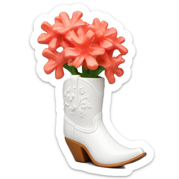 White cowgirl boot vase with coral sticking out of it sticker