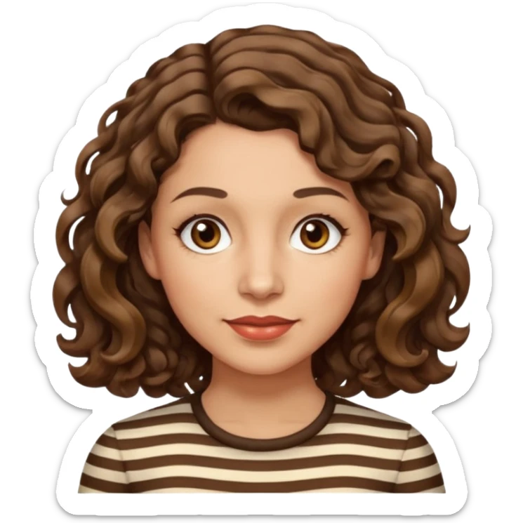 woman, 40s, chin-length wavy/curly/unruly brown-ish, few white stripes hair, hazel eyes, light skin sticker