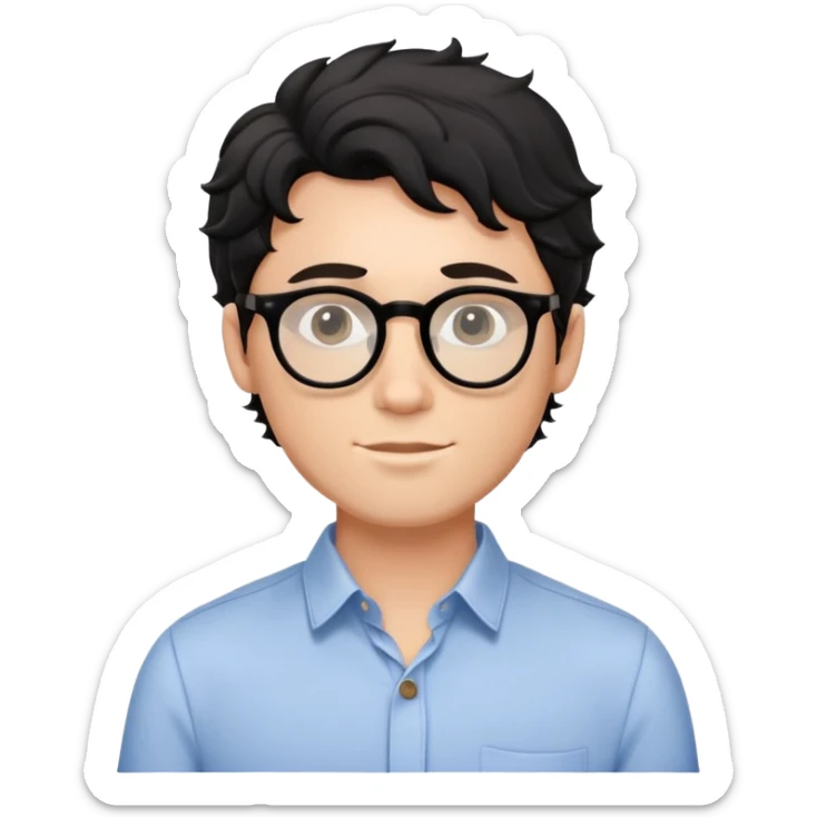 Young caucasian man with black wavy hair, round glasses, torso only, wearing relaxed buttoned-up shirt without a tie sticker