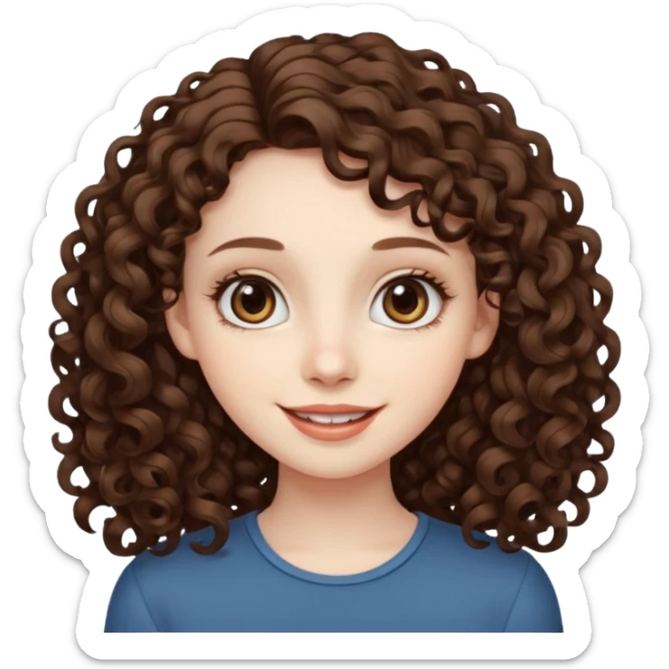 Light brown eyed female with pale skin. She has big eyes, curly and long dark brown hair and thin lips smiling. sticker