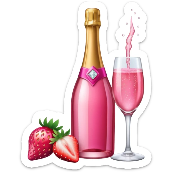 Realistic sparkling diamond glam hot pink champagne bottle with hot pink champagne in glass with strawberry ì> sticker