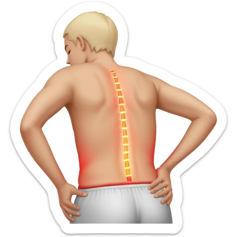 A realistic medical illustration of a person standing and holding their lower back in pain. A soft red glow highlights the lower back area to indicate soreness. The person has a natural expression of discomfort. Clean white background, even lighting, clinical style, full body view. sticker