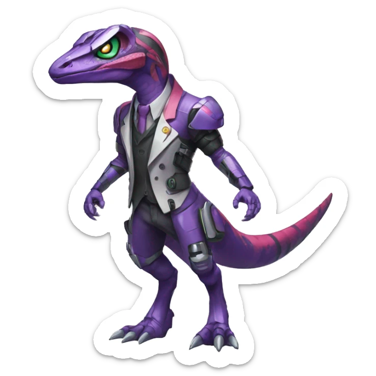 Colorful Edgy Velociraptor-Genesect-Fakémon-Pokémon wearing a with a futuristic cyber-helmet And suit Full Body sticker