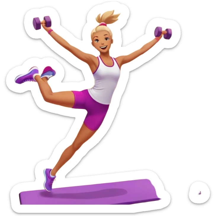 An energetic person performing an aerobics workout in a brightly lit gym, jumping and stretching with enthusiasm. The scene includes vibrant fitness equipment like dumbbells and exercise mats, with a background of cheerful, motivating colors, conveying energy and movement. sticker