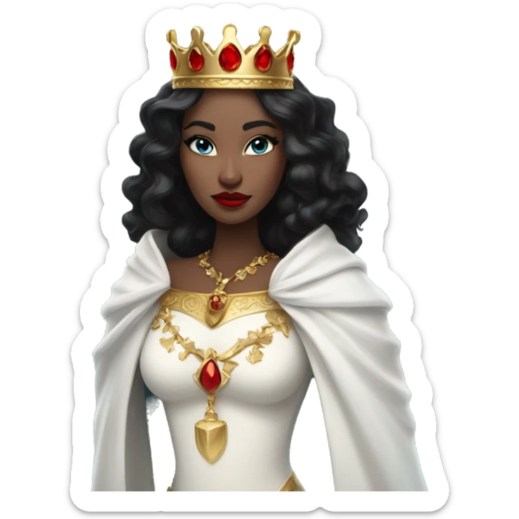 Queen with pale skin, icy blue eyes, bright red lips, long black hair, gold crown, and white robes. sticker