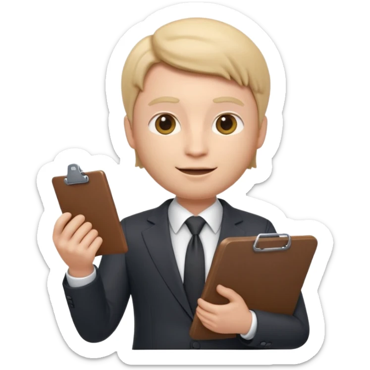 Apple Memoji-style 3D emoji of a manager character in a suit holding a clipboard, soft shading, rounded shapes, clean gradients, no background.
 sticker