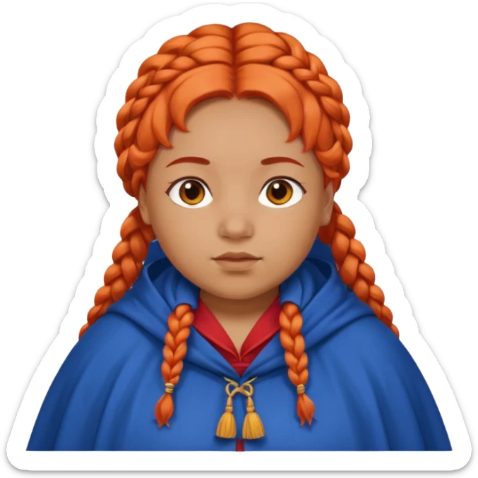 red orange braids hair girl, tan skin, fat, wear blue cloak sticker