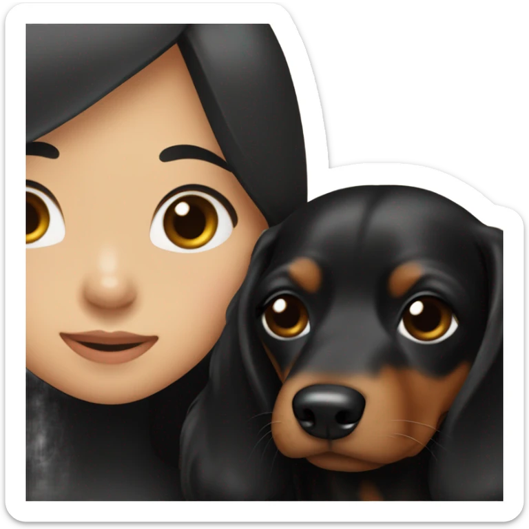 an Asian girl with long hair, wear black dress, hugging a black and tan long haired dachshund sticker