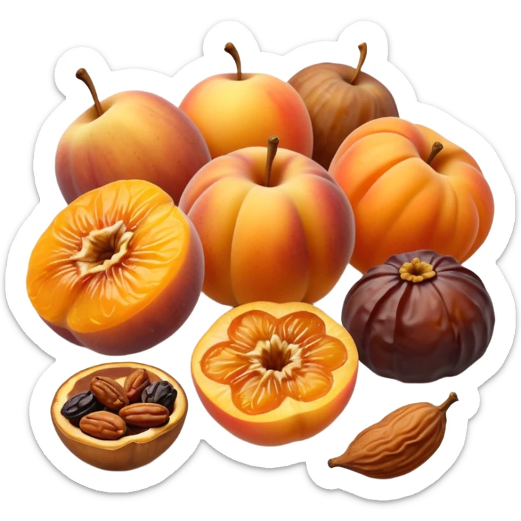 small group of dried fruits apricots figs dates raisins apple rings gently scattered, natural color variation, wrinkled texture, warm orange brown amber golden tones, 3D-rendered, minimalist, realistic, soft shadows, no anthropomorphic features, no bowl or tray, transparent background, emoji scale sticker
