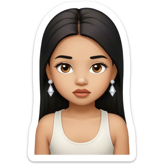 light brown skin tone, very adorable toddler, with big plump lips, long long lashes, black straight long hair, brown eyes, white tank top, diamond stud earrings sticker