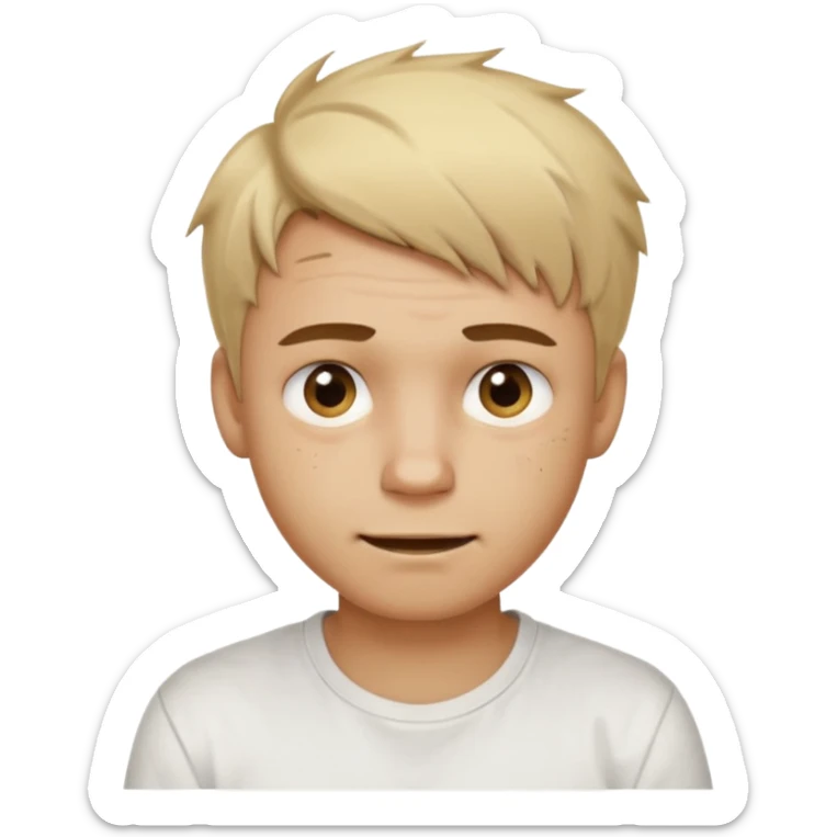 Male with short, messy blonde hair, large expressive golden-brown eyes, light brown skin, subtle facial bruises and scratches, crooked smile showing slightly damaged teeth, wearing a plain white t-shirt, friendly but creepy expression. sticker