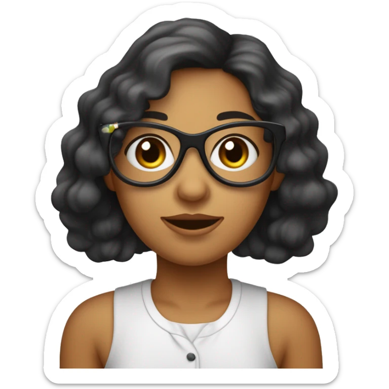 une fille avec des cheveux mi long noir ondulé , des yeux marron , et avec des lunette fine, portant un chemisier blanc.La peau légèrement basané.le visage alongé sticker