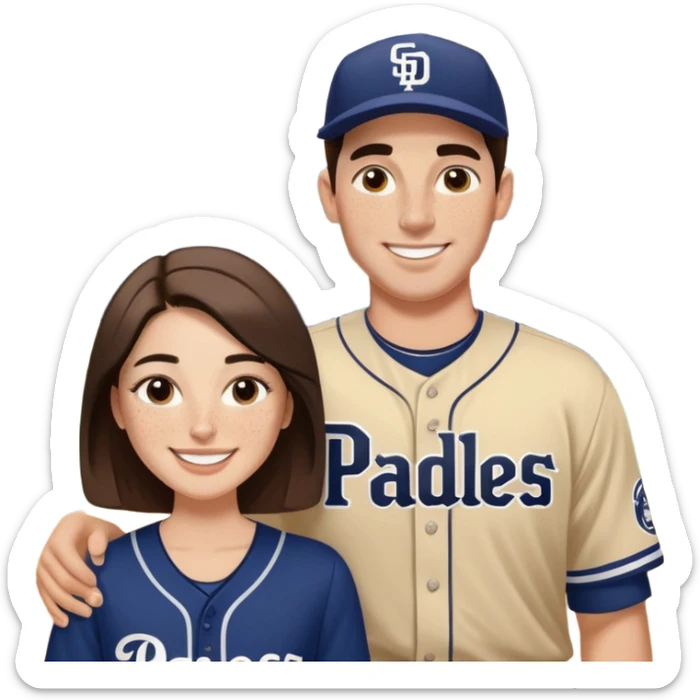 White Smiling couple. Woman has big cheeks and a lot of freckles on the nose. Medium long brown hair. Man has black and very short hair and prominent eyebrows with egipcian nose. Both are wearing “Los Padres” baseball jerseys and with a sign that says “Go Padres” sticker