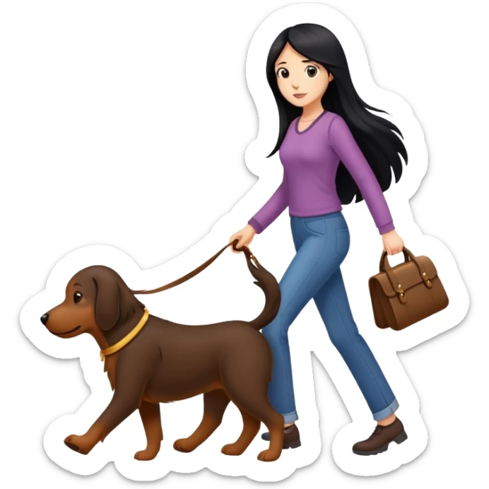 A girl with long black hair walks a big brown dog sticker