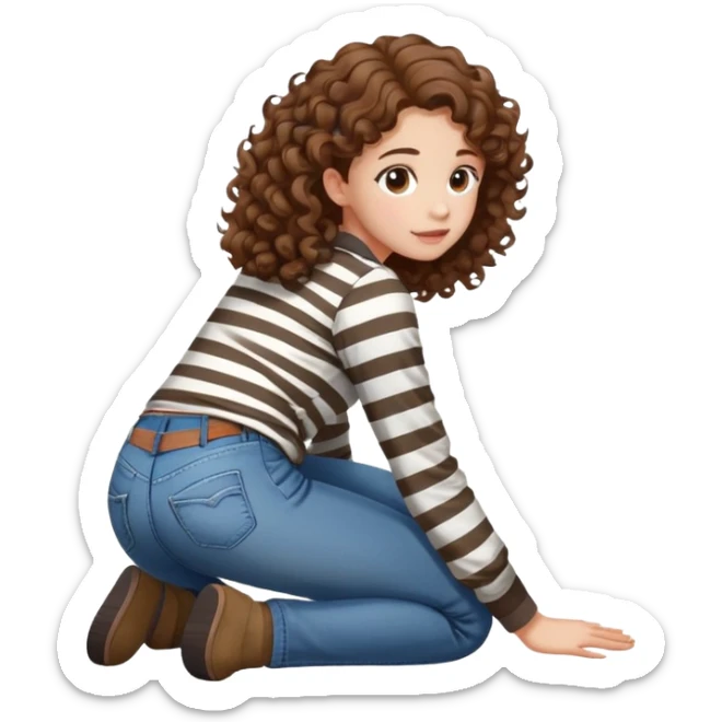 girl with curly hair in jeans and striped shirt kneeling on the ground seen from behind sticker