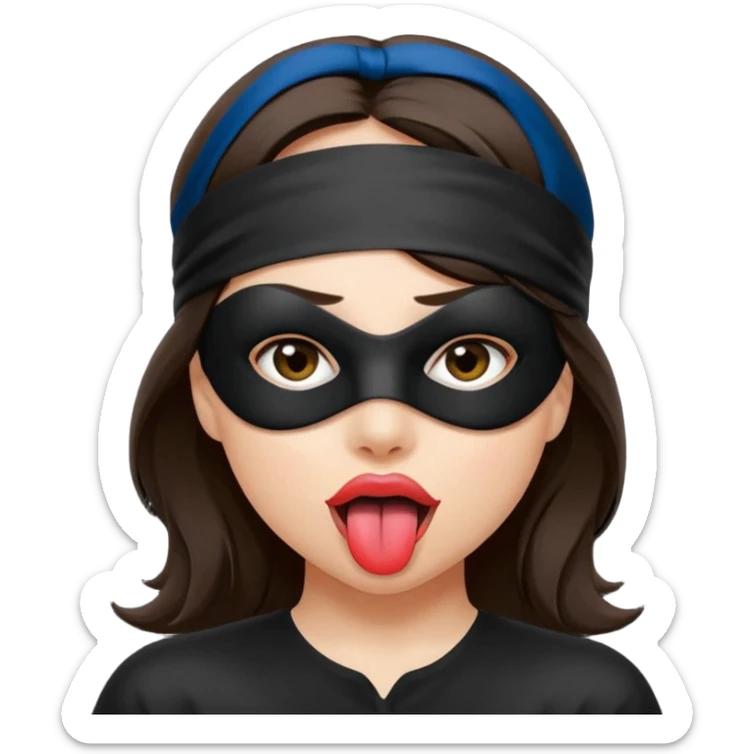 woman with dark brown hair wearing black fabric over eyes with tongue out sticker