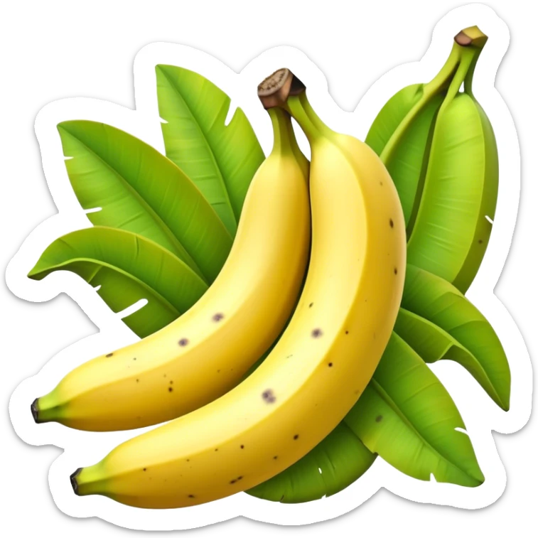 Cinematic Realistic Banana Emoji, Bright and cheerful, with a smooth, yellow peel slightly speckled with spots, revealing a soft, sweet interior. The banana is curved elegantly, standing out against the soft green leaves. Soft glowing outline, capturing the essence of tropical sweetness and energy in a ripe banana. sticker