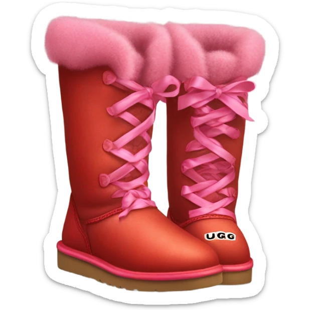 Pair of hyper Realistic Red Ugg Fur Boots laced out with pink silk ribbon laces at the back of them. sticker
