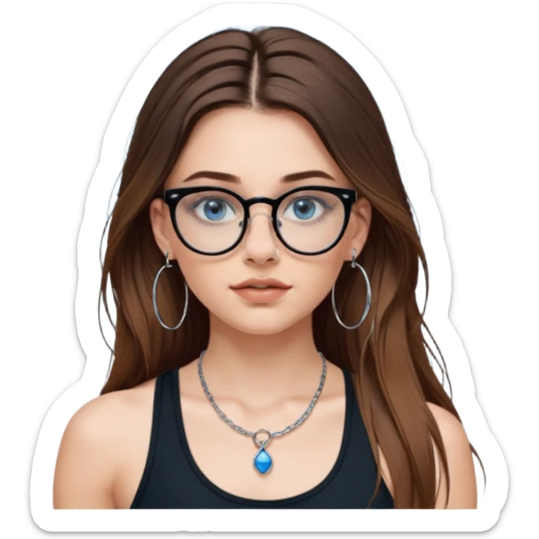 White girl with long brown hair, part going more to the RIGHT side, BLUE eyes, wearing BLACK plastic frame glasses that go from black to CLEAR ombré from top to bottom. SEPTUM nose piercing hoop, AND stud nose piercing on right side of nose. Wearing BLACK tank top. Wearing big hoop earrings  sticker