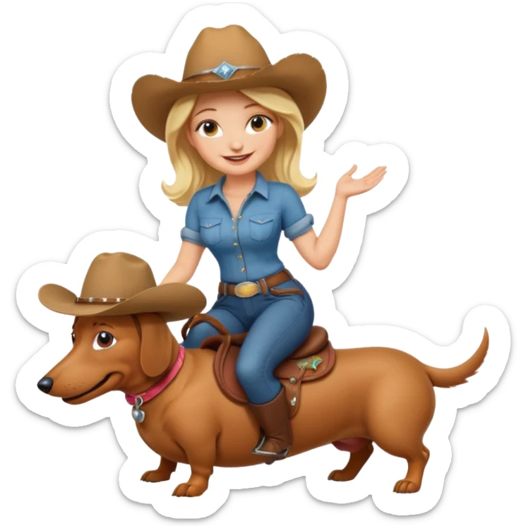 A blonde curvy woman riding on top of a dachshund sticker