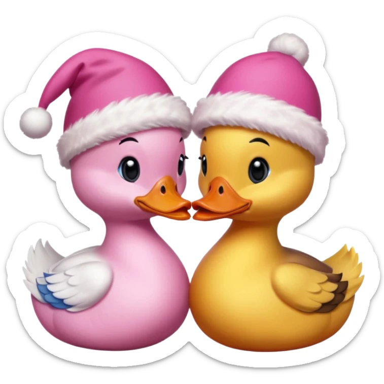 Two duck want to face each other and kissing pink colour want to too pritty and each want to wear crismas cap in oink colour sticker