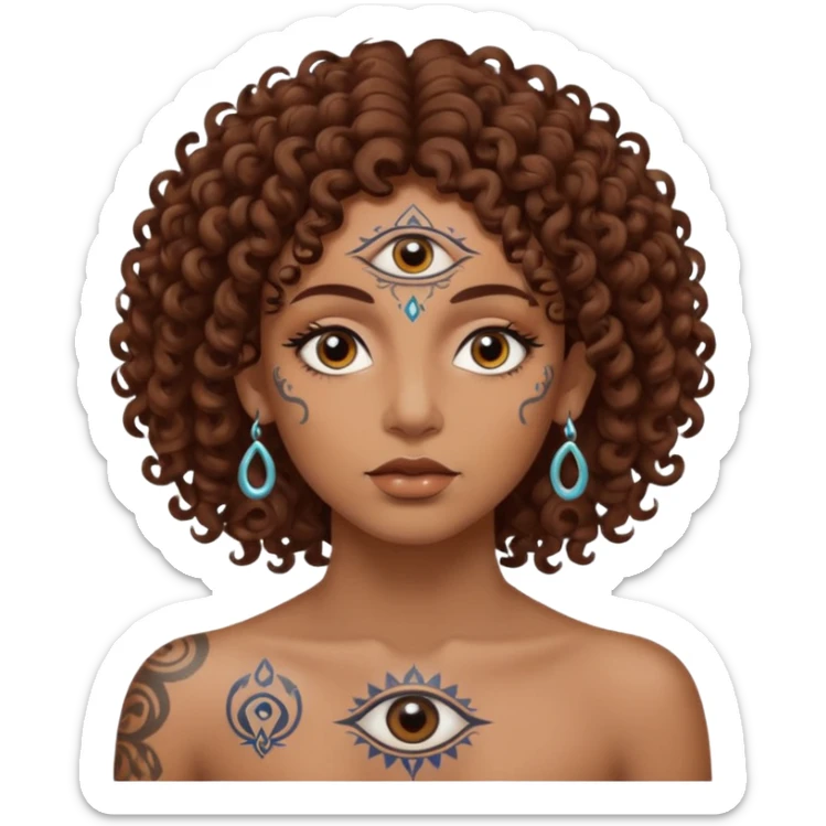 Sexy brown eyes, brown curly hair, white ethnicity with tattoo mystic vibe, third eye  sticker