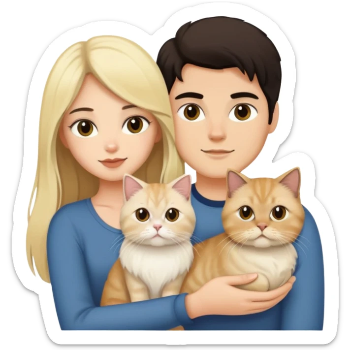 pretty girl with long dark hair holding a blonde persian cat beside her boyfriend holding a small black cat sticker