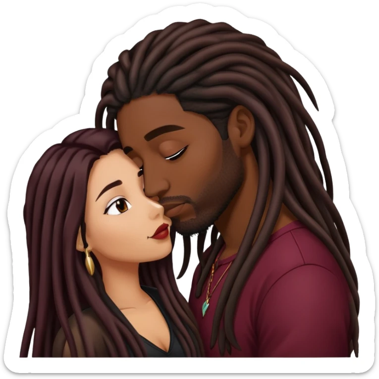 Dark Wine colored hair Latina long hair, kissing black guy with dreads sticker