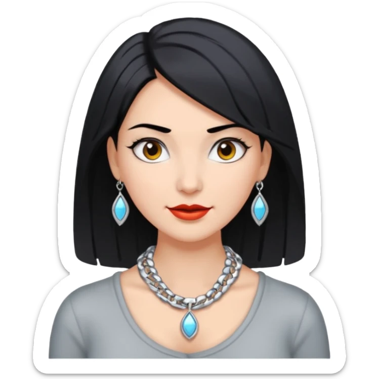Female with very big Silver Necklace, grey skin,Black hair, more bright silver,highlight necklace, different expressions. sticker