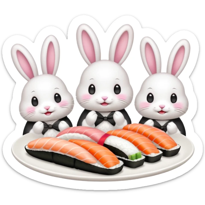 four bunnies together eating sushi at a birthday party, playful, sushi platters, birthday banner, new pose, emoji style sticker