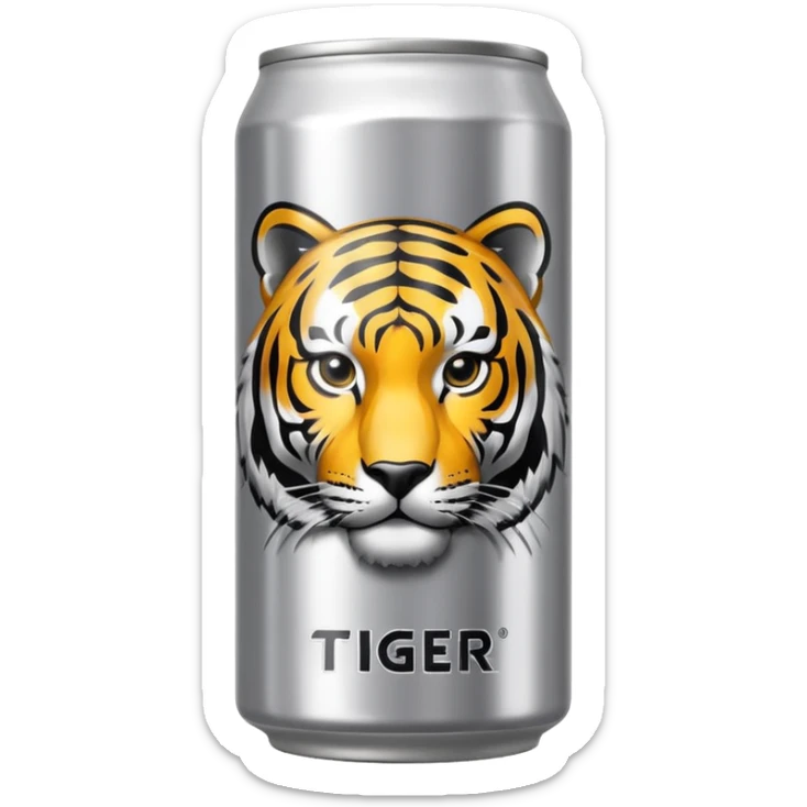 energy drink with with silver background color and a tiger on it also have sign and things as like energy drinks sticker