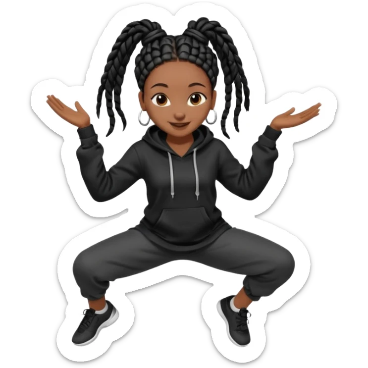 African American girl dark skin complextion long black box braids wrapped in a single bun wearing plain black hoodie dancing sticker